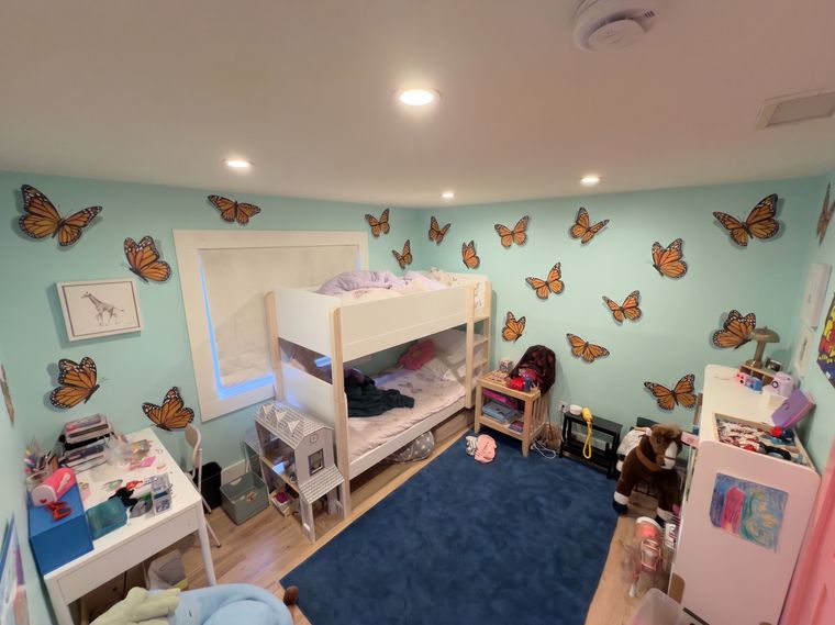 Turquoise walls, orange butterflies