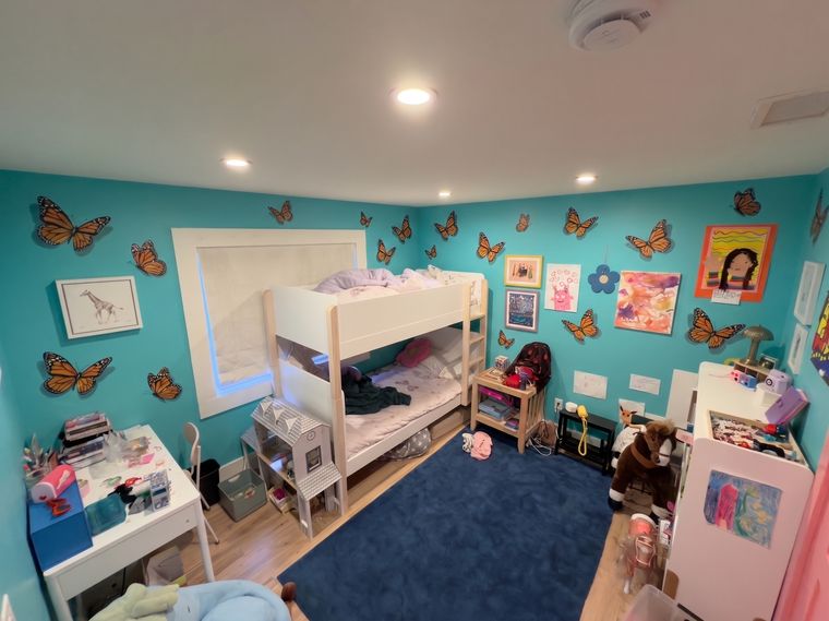 Turquoise walls, orange butterflies